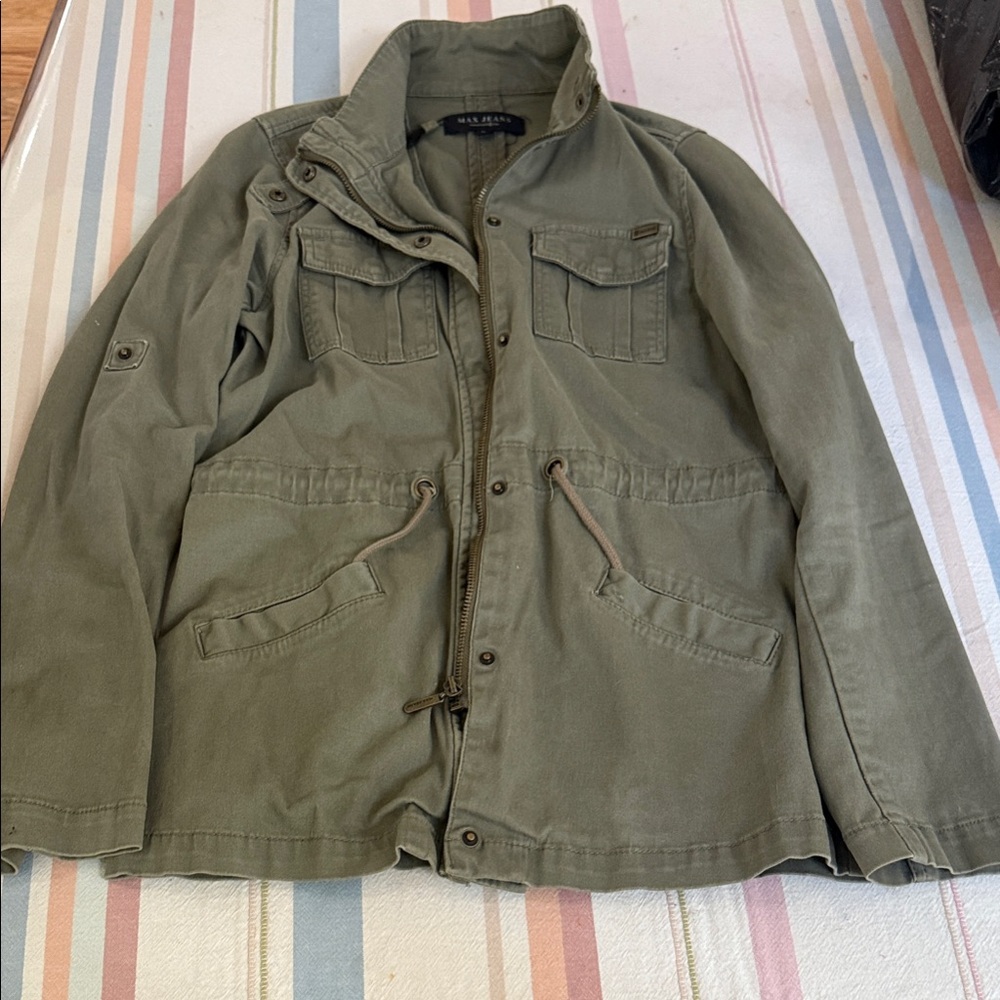 MAX Jeans Army Style Cargo Jacket Dark Olive Drawstring Snap & Zip Size Small